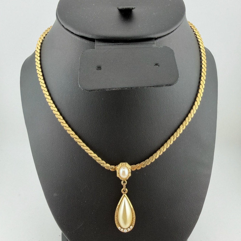 1928 Jewelry Co Necklace Gold Tone Faux Pearl Teardrop Herringbone Chain